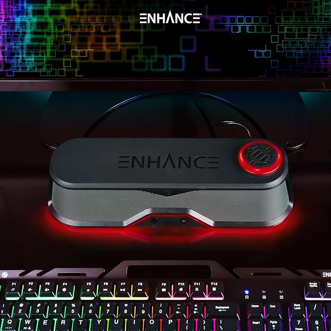 ENHANCE SB1 High Excursion Computer Soundbar - USB Powered Computer Speaker Under Monitor Speaker with 10W Peak LED Volume Control Knob Headset Pass Through Gaming Soundbar for PC