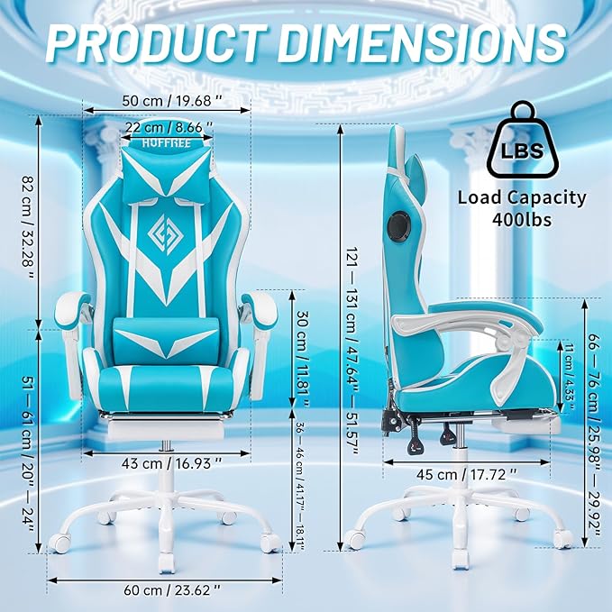 HOFFREE Gaming Chair Massage with Bluetooth Speakers and Led Lights Ergonomic Computer Gaming Chair with Footrest Cute Video Game Chair for Gaming Room Light Blue and White