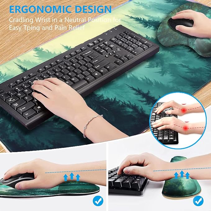 AQQA Desk Pad and Keyboard Wrist RestLarge Mouse Pad + Keyboard Pad+Mouse Wrist Support+Coaster +Mobile Phone Holder Non-Slip Desk Mat Protector for Office Home(31.5×15.7 InchesForest Tree)