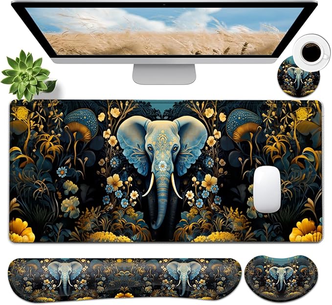 JVGFYNKL Large Gaming Mouse Pad Set Ergonomic Memory Foam Keyboard Wrist Rest Support + Mouse Wrist Rest + Extended Desk Mat with Non-Slip Rubber Base The Golden Elephant Pattern Desk Pad