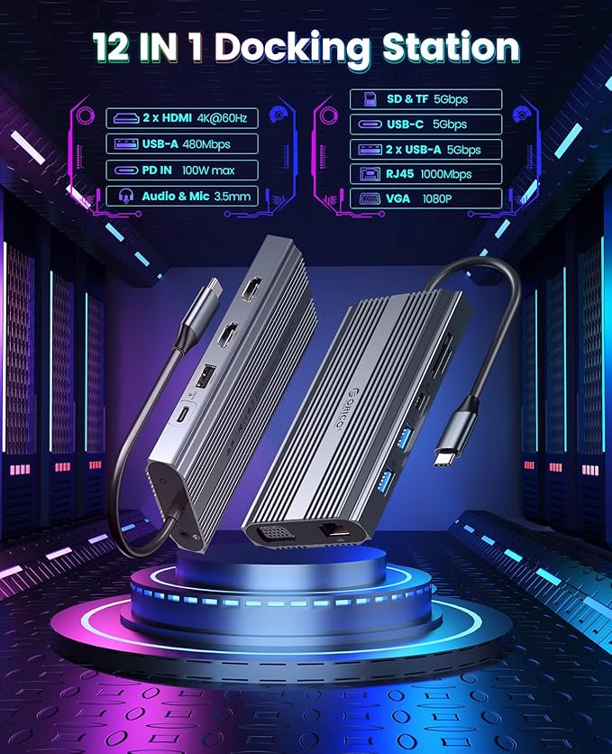 Docking Station USB C to Dual HDMI Adapter ORICO 12 in 1 USB C Hub with Dual HDMI VGA 100W PD Ethernet 2 USB-A 3.1 1 USB 2.0 1 Type-C 3.1 SD/TF Audio Compatible for Windows/Mac OS（Grey）