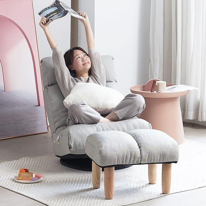 Floor Chair Swivel Chaise Lounge SofaFloor Gaming Chair with 3 Adjustable Positions Foldable Lounge Chair Indoor with Cushion Padded Backrest and Footstool for Bedroom OfficeLight Grey