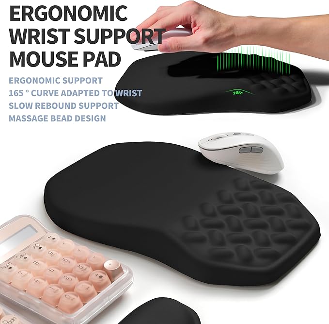 2-in-1 Ergonomic Set Wave Keyboard Wrist Rest and Massage Slope Mouse Pad Wrist Support Rebound Memory Foam for Relieve Carpal Tunnel Syndrome and Wrist Pain (Black)