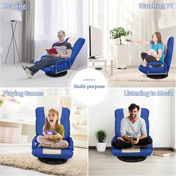 ZENY Swivel Gaming Chair 360 Degree Multipurpose Floor Chair with Armrest Adjustable 5 Positions Folding Lazy Sofa Lounger Chairs for TV Reading Playing Video Games