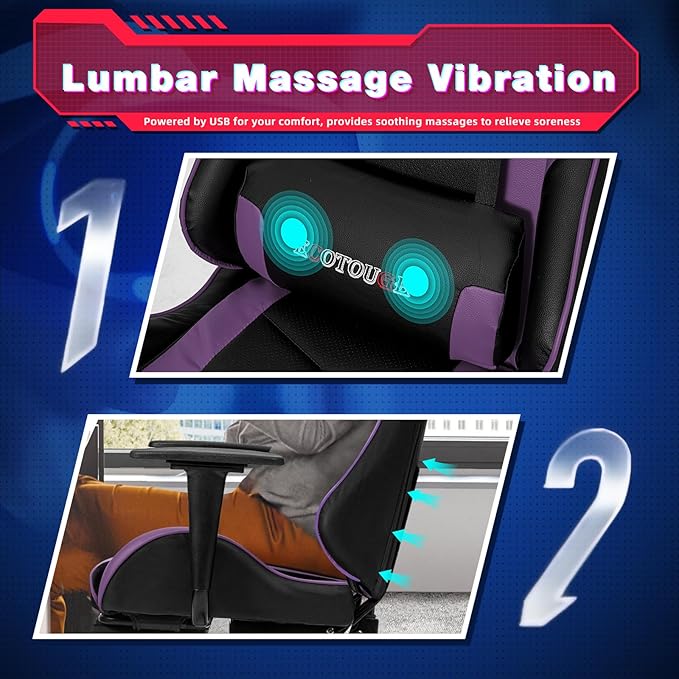 Massage Gaming Chair w/Footrest Video Racing Chair PC High Back Desk Computer Chair PU Leather Recliner w/Headrest and Lumbar Pillow Purple