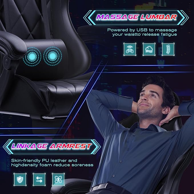 Shahoo Gaming Chair with Footrest and Massage Lumbar Support Computer Game Chairs Ergonomic Office Seat Height Adjustable with Headrest Black