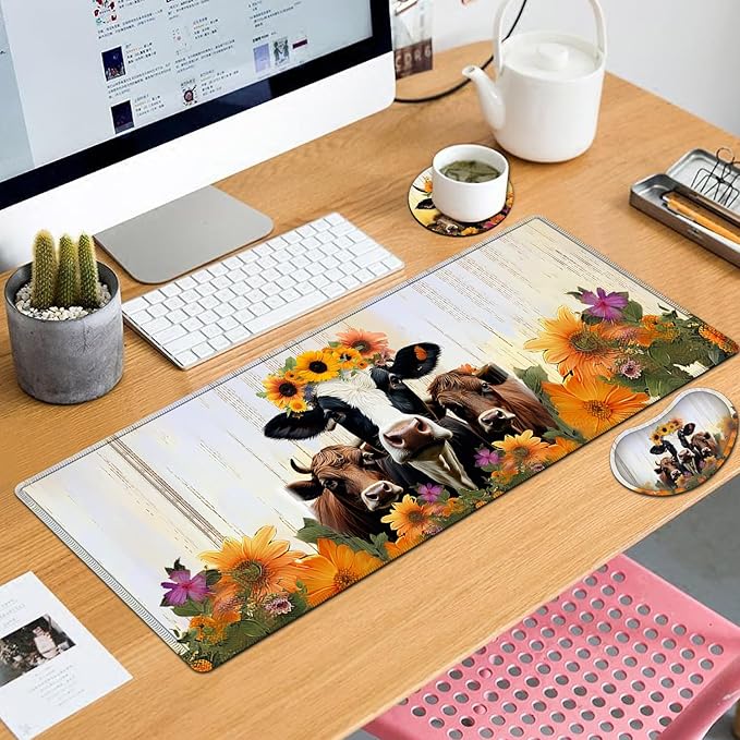 Large Mouse Pad with Mouse Wrist Rest 31.5x11.8 in Extended Mouse Mat Non-Slip PU Base Ergonomic Memory Foam Wrist Rest for Work &amp Gaming Writing Pad Sunflowers Farmhouse Cow Office Desk Pad