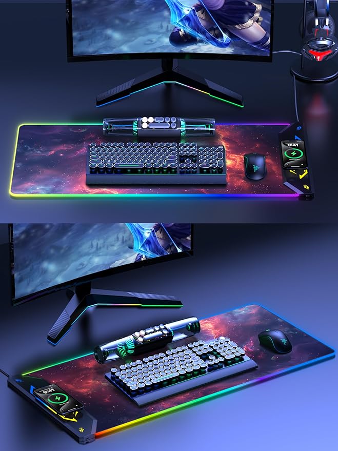 TopMade Wireless Charging Mouse Pad RGB Gaming Mousepad 35.4 x 15.8 Extra Large Waterproof Keyboard Desk Pad Computer Desk Mat Red Nebula (Includes 20W PD Power Adapter &amp 6.56ft Woven Cable)
