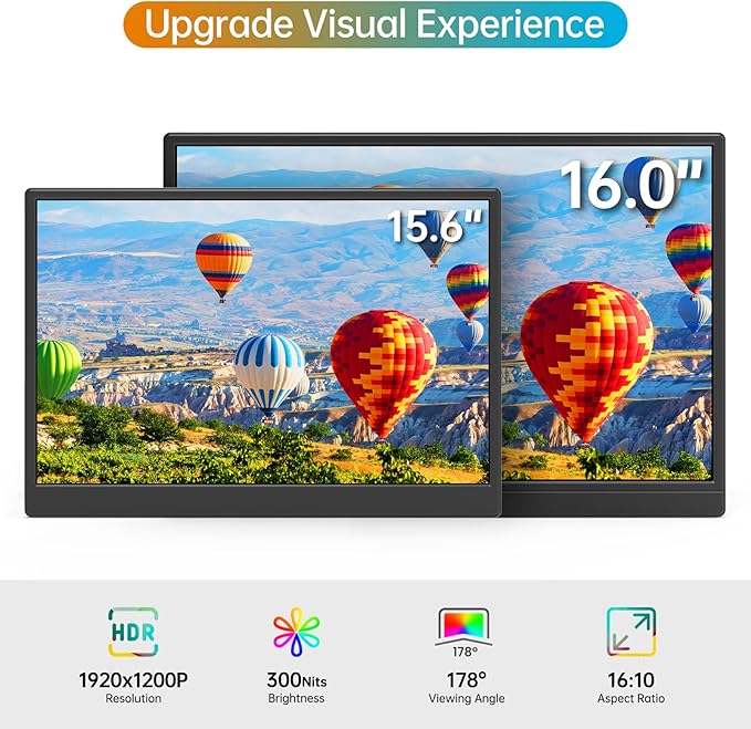 Portable Monitor 16.0inch FHD 1920 * 1200P USB C HDMI Ultra-Slim IPS Travel Display &amp Speakers HDR Plug&ampPlay External Monitor for Laptop PC PhoneMac