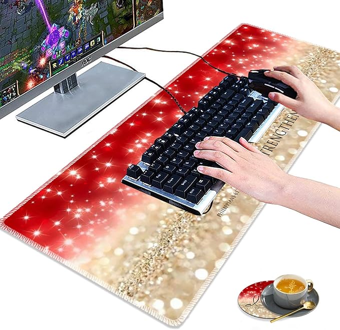 3 Piece Mouse Pad Set with Stitched Edge Large Anti-Slip Mouse Pad Desk Pad Keyboard Pad + Wrist Rest Pad + Coaster Memory Foam Wrist Rest for Office/Home - Bible Verse Pink Philippians 4-13