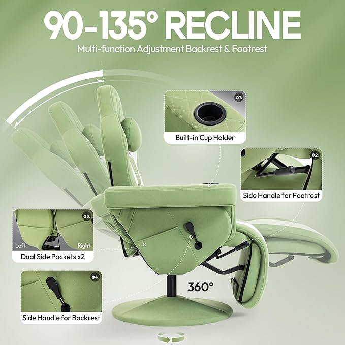 Dowinx Racing Style Gaming Recliner Chair with Massage Lumbar Support Footrest Cup Holder Side Pouch High Back Ergonomic Video Game Chair Reclining No Wheels Heavy Duty Fabric Green