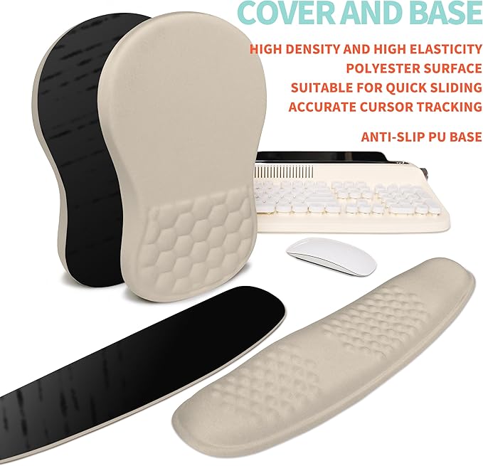 2-in-1 Ergonomic Set Wave Rise Keyboard Wrist Rest and Massage Bulge Slope Mouse Pad Wrist Support Cushion Memory Foam Integrated to Relieve Wrist Pain Apricot