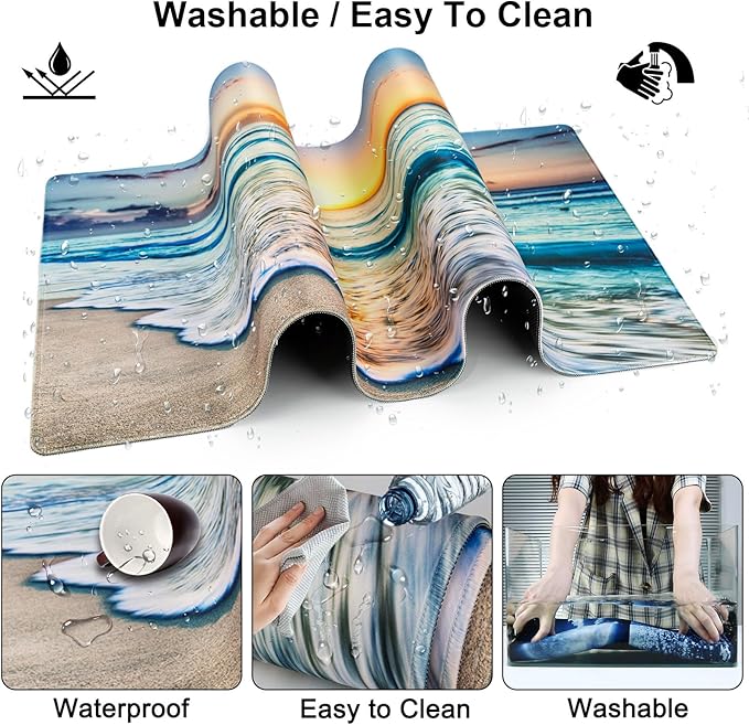 Mouse Pad + Desk Mat + Keyboard Wrist Rest + Coaster 4 in 1 Set Cute Ergonomic Large Gaming Mousepad with Wrist Rest Support Desk Pad for Computer Laptop Office Home Decor-Beach