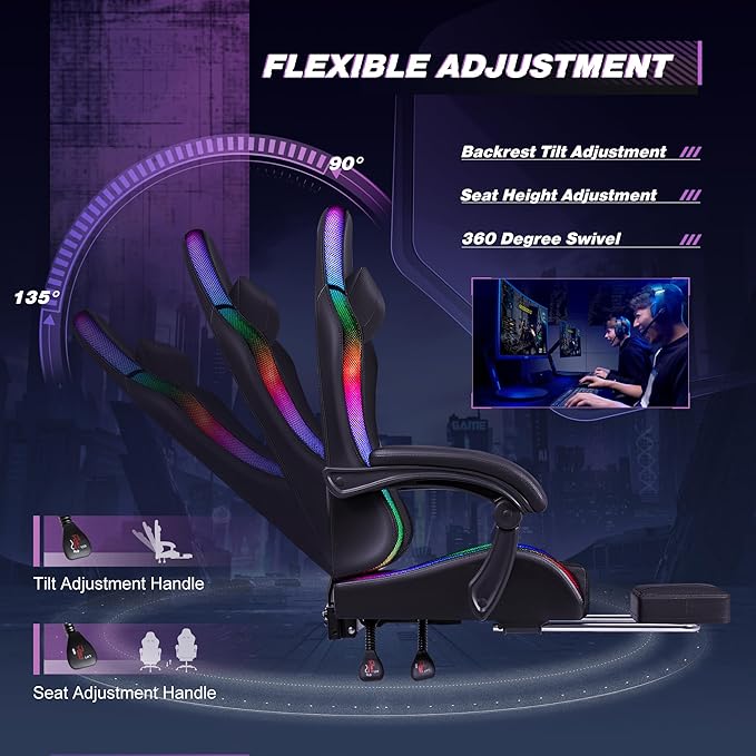 Homall Gaming Chair Video Game Chair with Footrest and Massage Lumbar Support Ergonomic Computer Chair Height Adjustable with Swivel Seat and Headrest (RGB Dark Black)