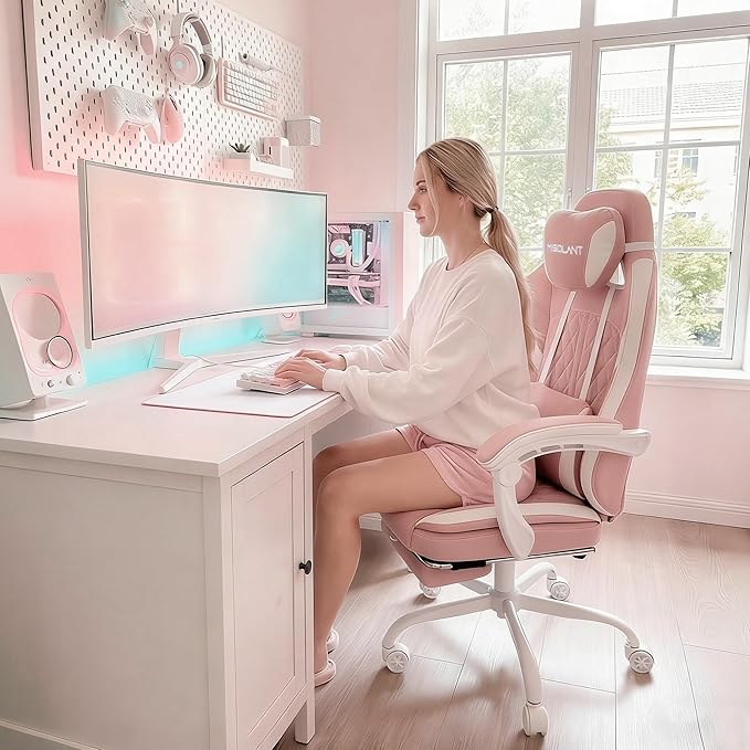 Misolant Gaming Chair Fabric Gamer Chair with footrest for Adults High Back Ergonomic Computer Game Chair with Adjustable Headrest and Massage Lumbar Support 90-155° Recline Free Pink