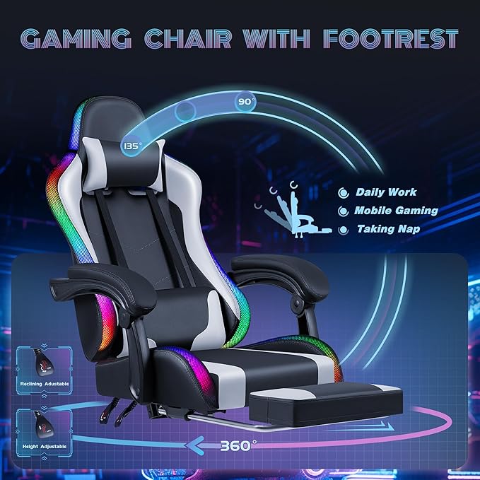 Furmax Gaming Chair with RGB LED Lights Video Game Chair with Footrest and Massage Lumbar Support High Back Reclining Computer Chair with Headrest Swivel Seat Gamer Chair (LED White)