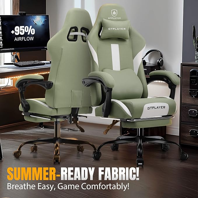 GTPLAYER Gaming Chair with Foot Rest &amp Pocket Spring Cushion Breathable Fabric for Home Office Desk Ergonomic High Back Computer Chair with Headrest &amp Lumbar Support Green