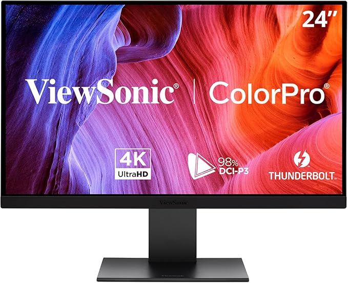 ViewSonic VP2488-4K 24 Inch 4K Mac-Ready Monitor with 100% sRGB 98% DCI-P3 Pantone Validated Advanced Ergonomics Thunderbolt 4 USB Hub HDMI and DP for Home and Office