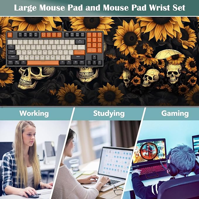 Large Game Mouse Pad + Wrist Support Pad + Coffee Coaster Desk Pad with Sewn Edges Anti-Slip Set pad Suitable for Office Work and Home - Sunflower Skull