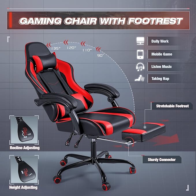 Furmax Gaming Chair Video Game Chair with Footrest and Massage Lumbar Support Swivel Seat Height Adjustable Computer Chair with Headrest Racing E-Sport Gamer Chair (Red)