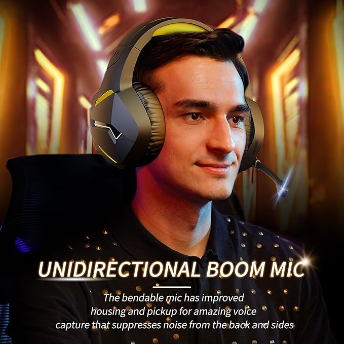 BINNUNE 2.4GHz Wireless Gaming Headset Bluetooth 5.3 Gaming Headphones with Noise Canceling Mic 120H Ultra-Long Battery 50mm Drivers Multi-Platform for PC / PS5 /PS4/ Switch/Mobile Yellow