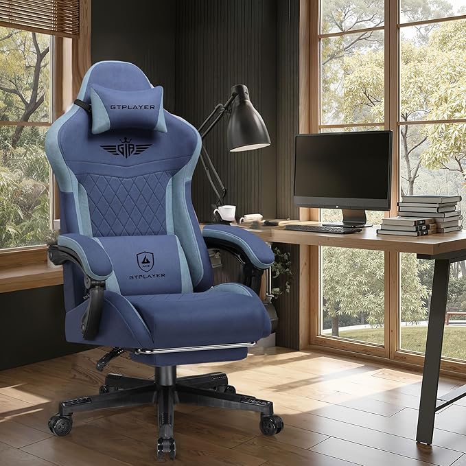 GTPLAYER Gaming Chair with Footrest Big and Tall Game Chair High Back Computer Office Chair with Lumbar Support for Adults Ergonomic Swivel Games Chair with Cushion Gaming Fabric Blue