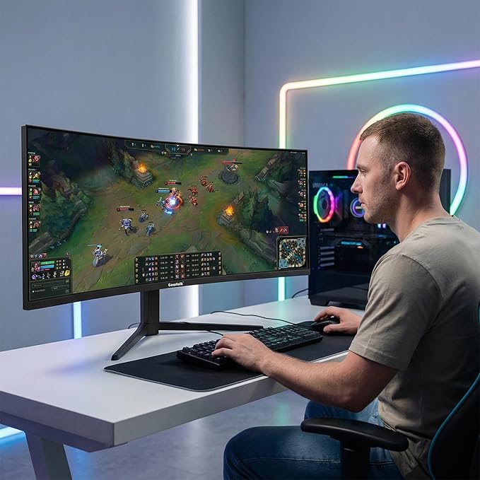 Gawfolk 49 Inch Curved Gaming Monitor 120hz1500R PC Monitor Built-in Speakers DQHD 5120x1440 Computer Screen for Home Office Business DP HDMI Support Wall Mount 75x75mm