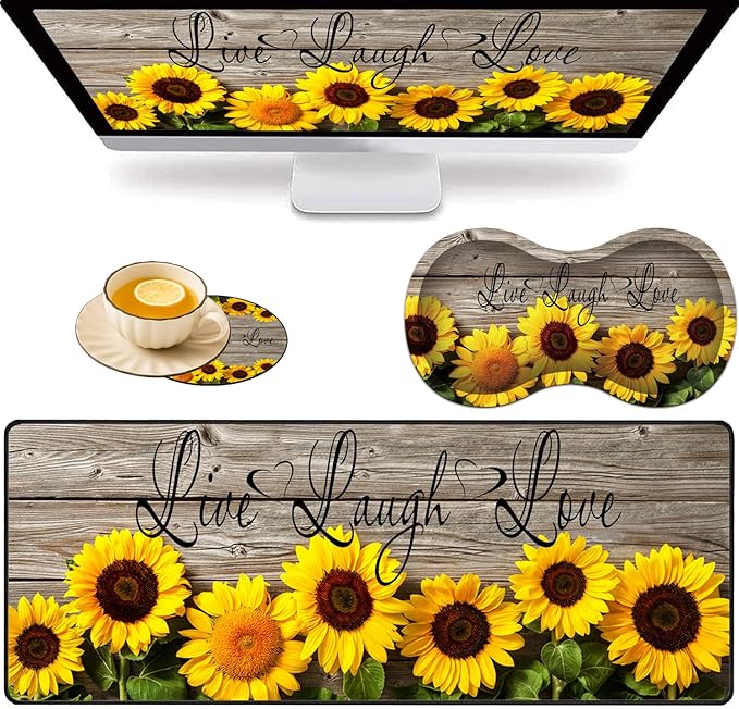 Large Game Mouse Pad + Wrist Support Pad + Coffee Coaster Sunflower Quote Live Love Laugh Foldable Table Mat with Stitched Edge Non-Slip Set Pad Suitable for Office Work and Home