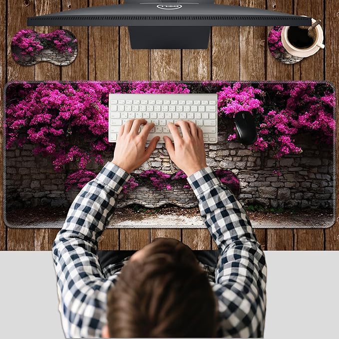 Ergonomic Keyboard Wrist Rest &amp Mouse Pad Wrist Rest SetXL Gaming Desk Mat 31.5x 11.8Non-Slip BaseMemory FoamEasy Typing Pain Relief for Office &amp HomePink Floral Stone