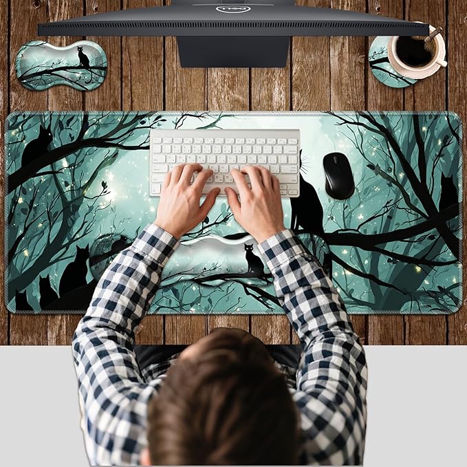 Ergonomic Keyboard Wrist Rest &amp Mouse Pad Wrist Rest SetXL Gaming Desk Mat 31.5x 11.8Non-Slip BaseMemory FoamEasy Typing Pain Relief for Office &amp HomeCats in Moonlit Forest