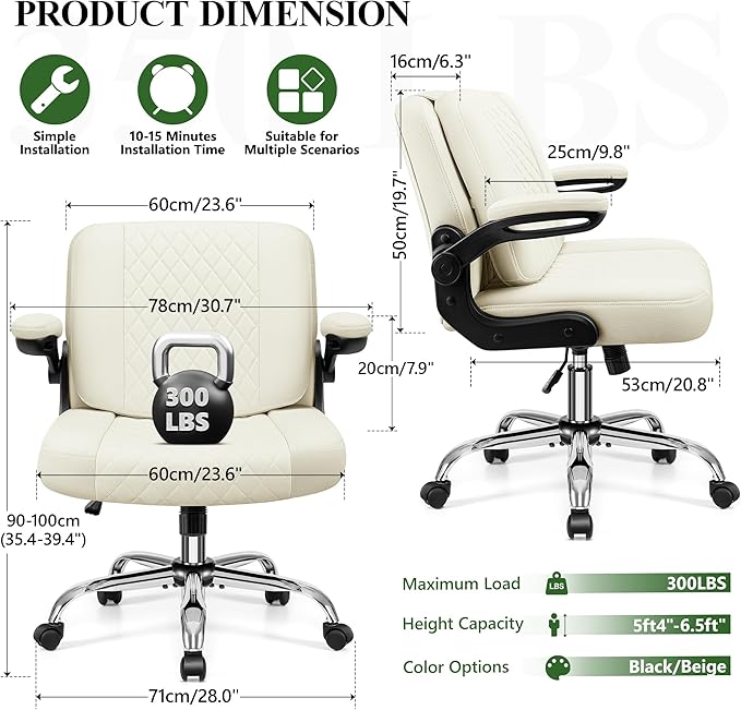 Criss Cross Office Chair with 2-in-1 Flip Backrest – Ergonomic PU Leather Floor Sitting Chair Adjustable Height 360° Swivel &amp Flip-Up Arms Extra-Wide Seat for Home Office Vanity Nail Salon-Wh