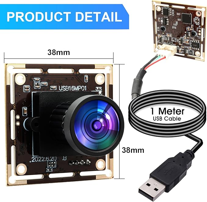 16MP USB Camera Module Wide Angle 110 Degree No Distortion Lens Ultra HD 3496P Plug and Play Compatible with WinXP/Vista/WIN7/WIN8/Win9/Win10/Win11/Linux/Mac-OS X/Wince/Android