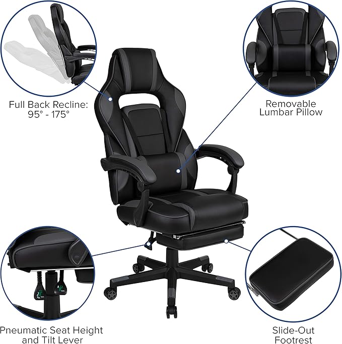 EMMA + OLIVER Black/Gray Ergonomic Gaming Chair -Recline Back/Arms Footrest Massaging Lumbar