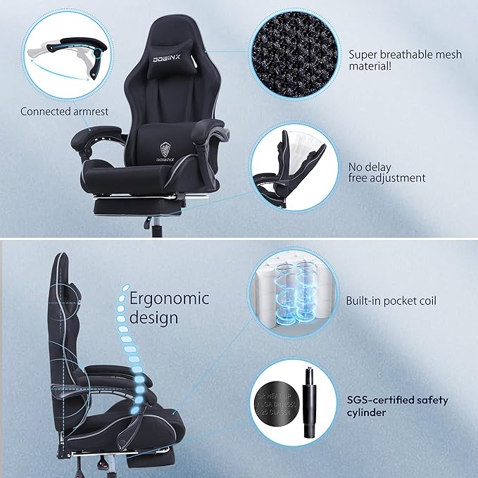 Dowinx 5TE8 Gaming Chair Fabric with Pocket Spring Cushion Massage Game Chair Cloth with Headrest Ergonomic Computer Chair with Footrest 290LBS