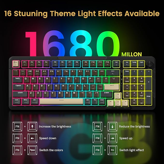 Redragon K742 Wireless Mechanical Gaming Keyboard with Knob Bluetooth 5.0/2.4GHz/USB C Wired Creamy Keyboard with Number Pad for PC Computer RGB Backlits Hot-Swappable with Linear Switches (Brown)