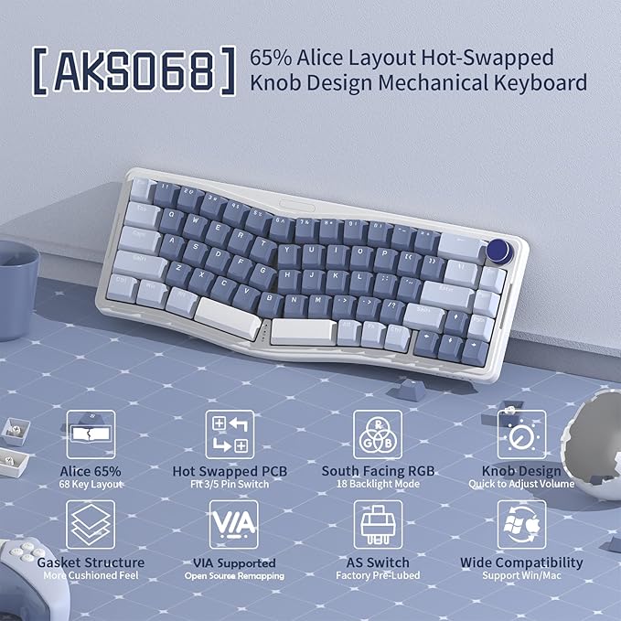 ATTACK SHARK AKS068 Wired Mechanical Gaming Keyboard 65% Alice Layout Hot-swapped Gasket Mount with RGB Backlit VIA Programmable Knob NKRO TKL AS Pre-lubed Linear Red Switch for Win/Mac(Blue)