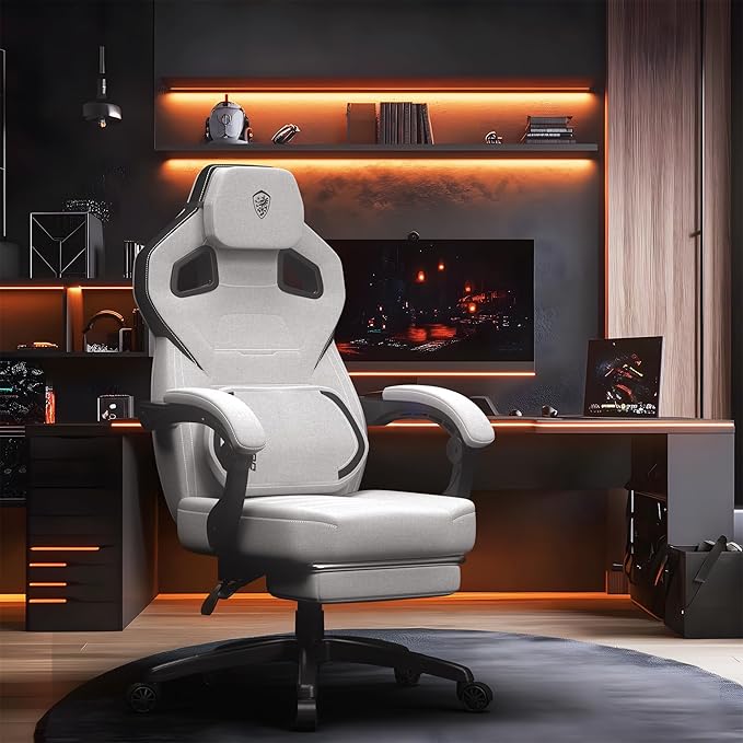 Dowinx Fabric Gaming Chair with Footrest Big and Tall Gamer Chair with Lumbar Support Wide Back Computer Chair for Heavy People Grey