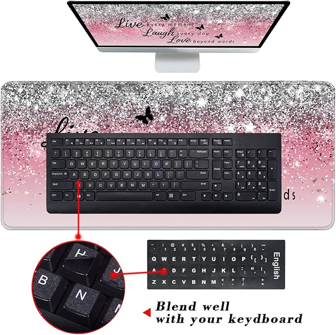 Keyboard Wrist Rest and Mouse Pad with Wrist Support Set Ergonomic CoasterMemory FoamEasy Typing Pain ReliefLarge XL Desk Mat 31.5x 11.8Pink Glitter Quote Live Love Laugh