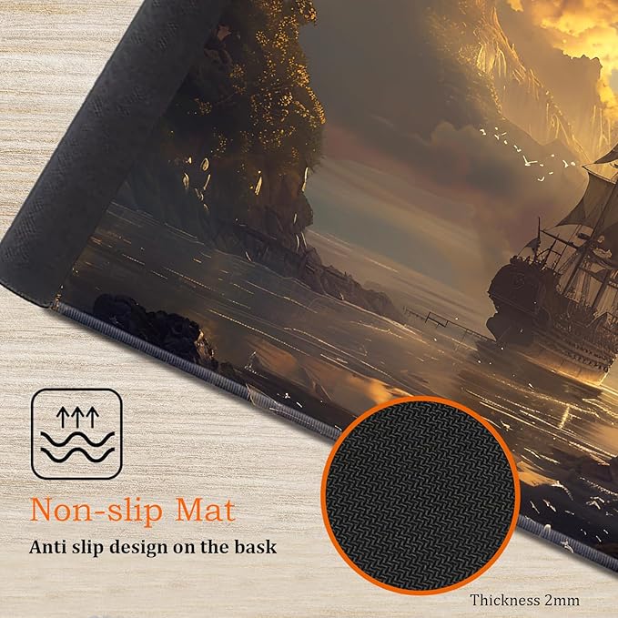 Large Gaming Mouse Pad Keyboard Wrist Rest Pad + Mouse Wrist Pad + Coaster 4 in 1 Set Extended Waterproof Non-Slip Desk Mat Suitable for Office Home Learning Games Pirate Ship