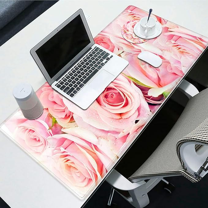 Desk Pad Mat Large Mouse Pad XL Extended Mousepad Gaming with Pink Rose 31.5 *11.8 Huge Mouse Pads for Computer Laptop Home Office + Cup Coaster