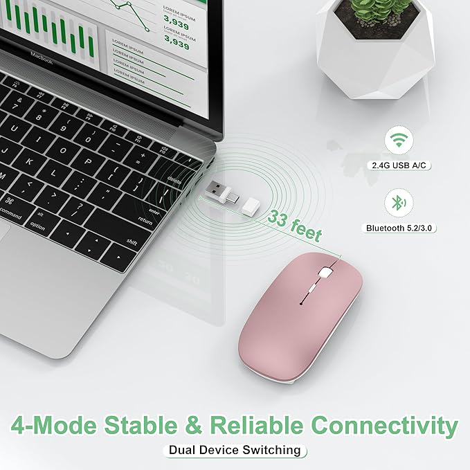 Wireless Mouse for Laptop/MacBook Air/Pro &amp iPad Mouse Jiggler Mode Bluetooth 5.2/2.4G Rechargeable Silent Click 3-Level DPI Slim Portable USB-A&ampC Receiver (Mouse Jiggler Mode Rose Gold)