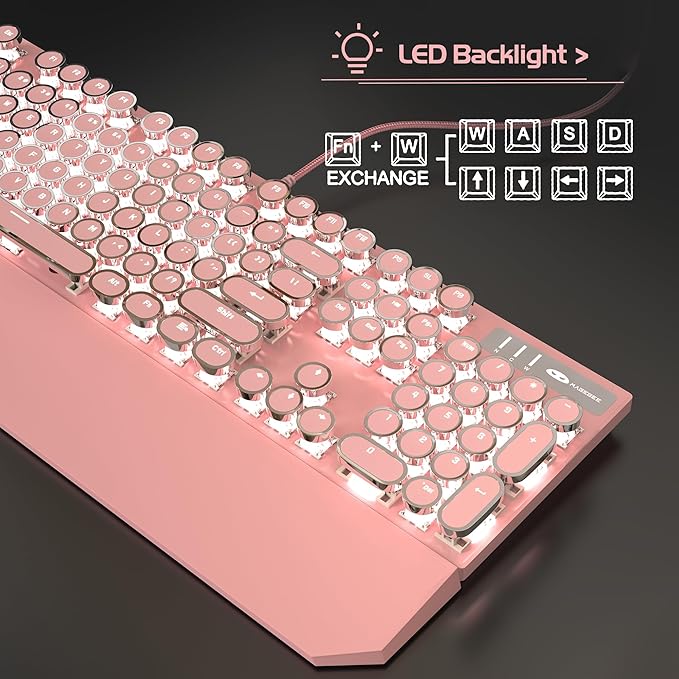 MageGee Typewriter Mechanical Gaming Keyboard Retro Punk Pink Round Keycaps 104 Keys LED White Backlit Wired Keyboards for Laptop MAC PC Gamer with Magnetic Wrist Rest Blue Switch