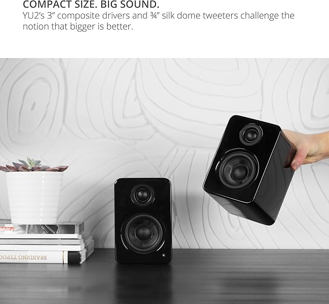 Kanto YU2GB PC Gaming Desktop Speakers | 3 Composite Drivers | 3/4 Silk Dome Tweeter | Class D Amplifier | 100 Watts | Built-in USB DAC | Subwoofer Output | Pair | Gloss Black