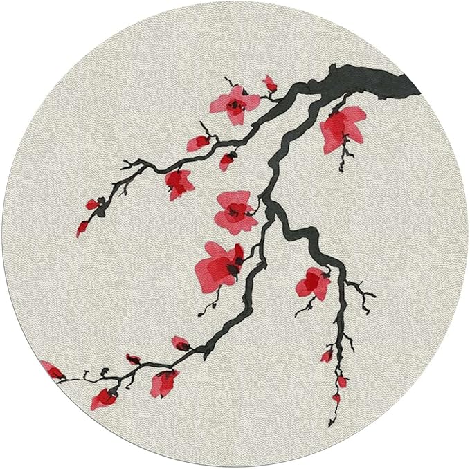 Cinnamon Red PU Leather Computer Chair Mat for Rolling Chair Simplistic Cherry Blossom Under Desk Low-Pile Office Rug Large Anti-Slip Multi-Purpose Japanese Diameter 59 in