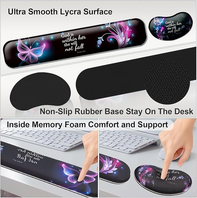 Keyboard Wrist Rest + Mouse Pad with Wrist Support + Desk Mat + Coaster 4 in 1 Set XXL Large Gaming Mousepad Cute Ergonomic Mouse Pads for Desk Computer Laptop Office Decor-Blue Marble