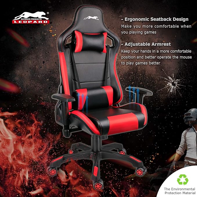 Leopard Gaming Chair High Back PU Leather Office Chair Adjustable Video Gaming Chairs Swivel Racing Chair with Adjustable Armrest (Black/Red)