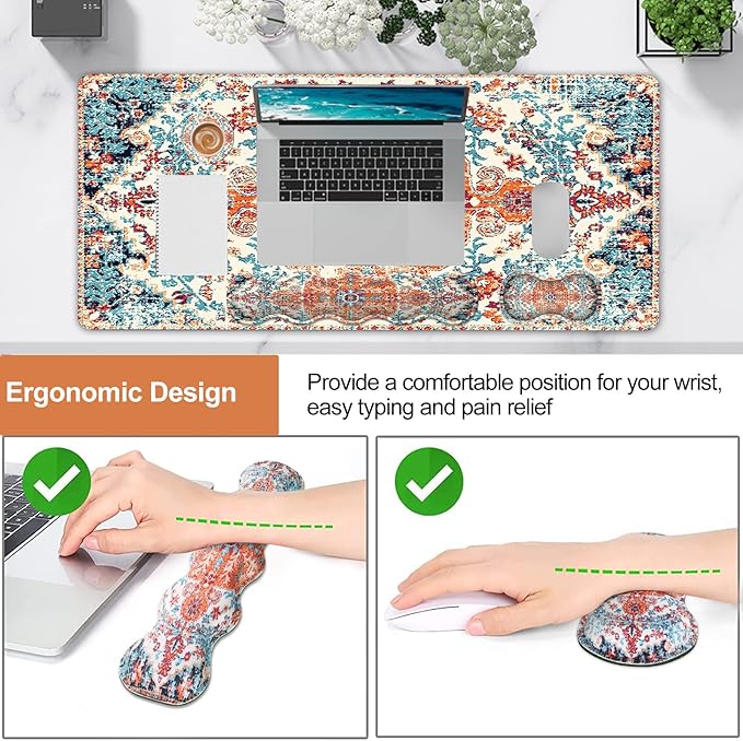 iLeadon Keyboard Mouse Pad Set Large Gaming Mouse Pad + Wrist Rest + Mouse Pad with Wrist Support + Coaster Easy Typing Pain Relief 35.4x15.7in Desk Mat for Home Office Boho