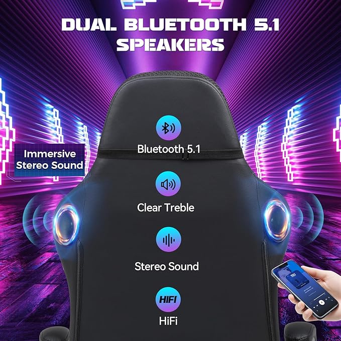 GTPLAYER RGB Gaming Chair with Speakers Computer Gamer Chair with Footrest and LED Lights PC Gamer Chairs for Adults High Back Reclining Office Chairs Linkage Armrest (Black with Speakers)