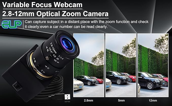 5mp USB Camera with Zoom 2.8-12mm Lens Webcam Variable Focus PC Camera Mini UVC USB2.0 USB with Camera for Computer Manual Zoom Close-up Camera Industrial Varifocal Web Camera for Raspberry Pi Laptop