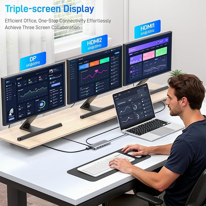 USB C Docking Station 14 in 1 with 2 HDMI 4K + DP 8K 3 Monitors Triple Display for Laptop/MacBook Pro/Air/HP/DELL/Lenovo USB C Hub Dongle Dock with USB 3.0 RJ45100W PD SD/TF Audio/Mic